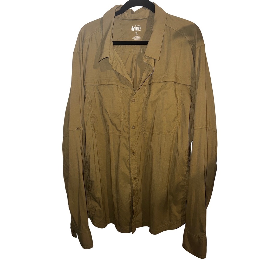 REI Co-op Mens XL Sahara Long Sleeve Hiking Shirt Tan Khaki Ventilated Stretch